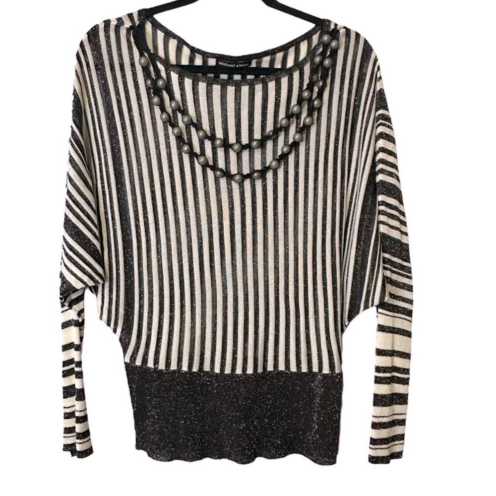 Michael Simon Black White‎ Striped Metallic Sweater Bead Necklace Medium Chic